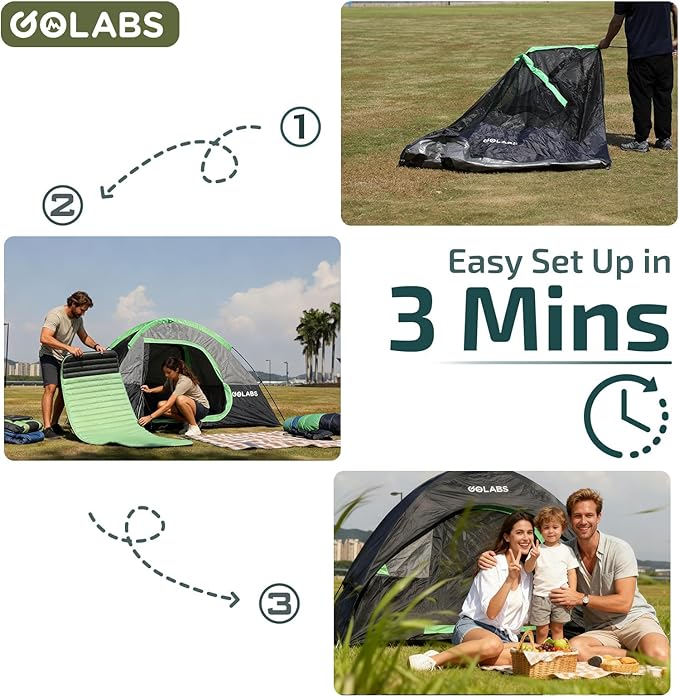 Golabs CT1 2 Person Camping Tent, Easy Set Up in 3 Mins, PU1500mm Waterproof w/Mesh Top & Door with Ventilation, Lightweight 4.4lbs Portable Family Tent with Carry Bag &Interior Storage Pockets &Hook