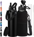 BENZZO Stainless Steel Water Bottle 40oz with Straw & Auto Spout Lids, Paracord Handle, Protective Boot, Insulated Water Bottle Carrier Bag, Keep Cold-48H & Hot-24H Metal Flask Canteen Bottle