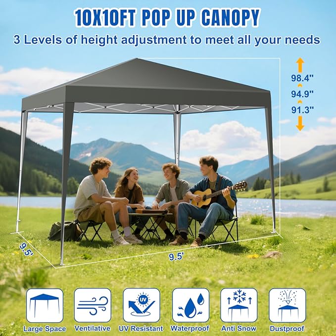 Yesker 10x10 Pop Up Canopy Tent UPF 50+ Waterproof Outdoor Canopy Portable Folding Easy Setup Gazebo Adjustable Height Instant Sun Shade Tent with Wheeled Bag for Events Parties Camping Patio, Gray