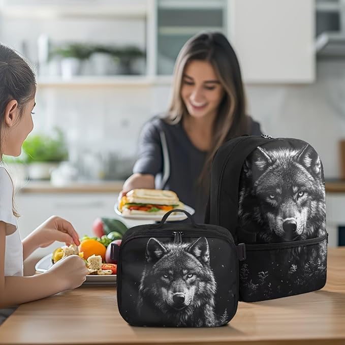 Wolf Backpack for Men Black Bookbag with Lunch Box Lightweight Satchel Bag with Adjustable Shoulder Strap for Men Casual Book Bag for Travel Outdoor