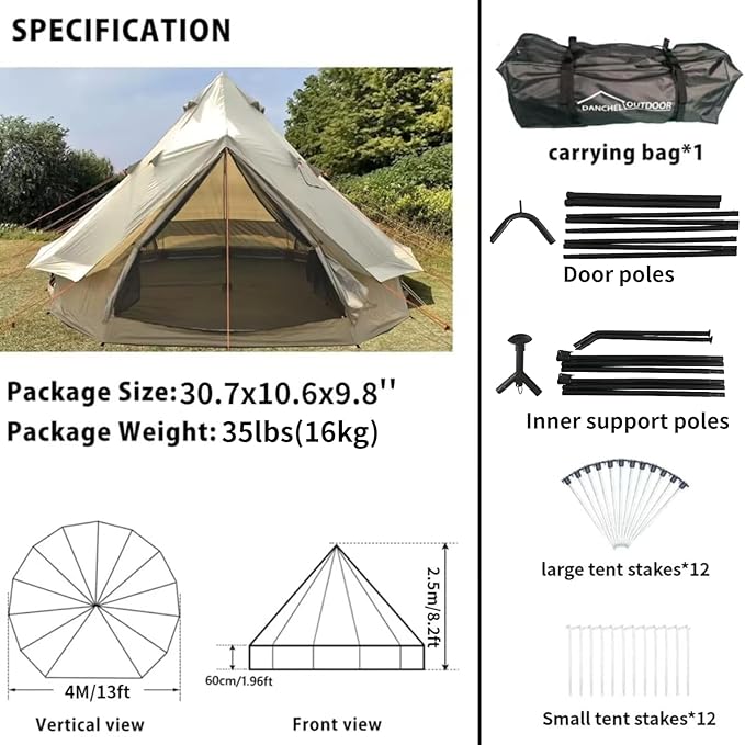 DANCHEL OUTDOOR B2A Portable Bell Tent No Center Pole, 4 Season Yurt with Stove Jack Spacious Interior for 4/8 Person Camping Hiking Glamping 300D Oxford Nylon,13ft/16.4ft Khaki