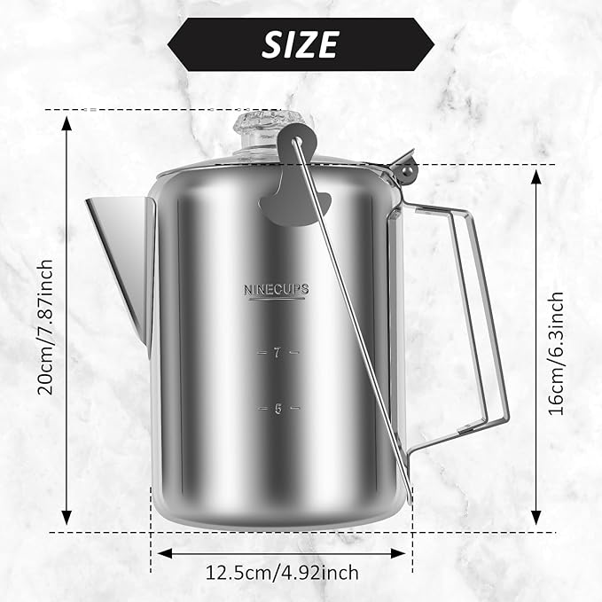 Percolator Coffee Pot Stainless Steel Coffee Percolator w Clear Top Glass Knob, Outdoor Stovetop Camping Coffee Maker, Coffee Pot for Stovetop Coffee Making Traveling Fast Brew 9 Cups