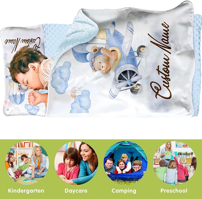 Personalized Toddler Nap Mats for Preschool, Custom Name Kids Sleeping Bag for Daycare, Roll Up Sleeping Mat with Removable Pillow and Soft Dot Minky Blanke for Boys Camping Travel