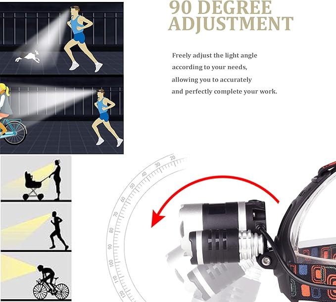 Head Lamps Led Rechargeable Super Bright, Waterproof Adjustable 90° Rotating Head Lights for Forehead, Portable Headlamps for Adults Rechargeable Battery-Powered for Hunting Hiking Camping Running