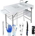 Fish Cleaning Table with 2 Sinks & Grid Rack - 42.5” Outdoor Fish Fillet Cleaning Station for Camping, Patio, Kitchen, RV & Beach