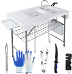 Fish Cleaning Table with 2 Sinks & Grid Rack - 42.5” Outdoor Fish Fillet Cleaning Station for Camping, Patio, Kitchen, RV & Beach