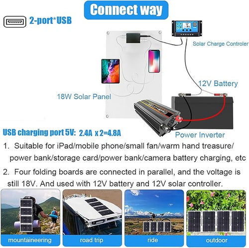 6000W Solar System Kit - 12V to 110V/220V Modified Sine Wave Inverter, 18W Dual USB Solar Panel, 30A Charge Controller for RV, Camping, Off-Grid, Outdoor Power Supply (Black)