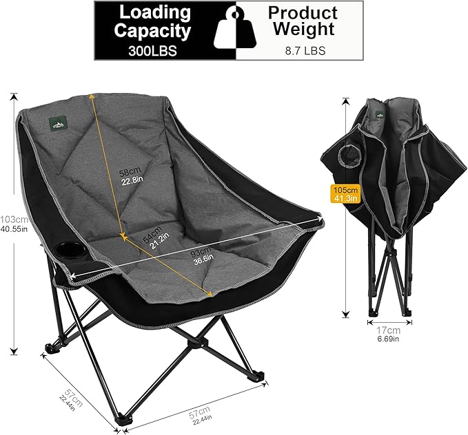 Northroad Oversized Foldable Camping Chair, Outdoor Padded Lawn Chair w/Cup Holder,Carry Bag for Beach, Hiking, and Picnics,Black