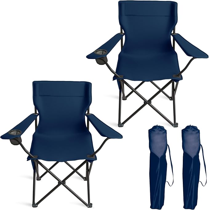 Portable Camping Chair 2 Pack, Folding Outdoor Chair with Cup Holder & Side Pocket for Camping (Navy Blue, 2 Pack)