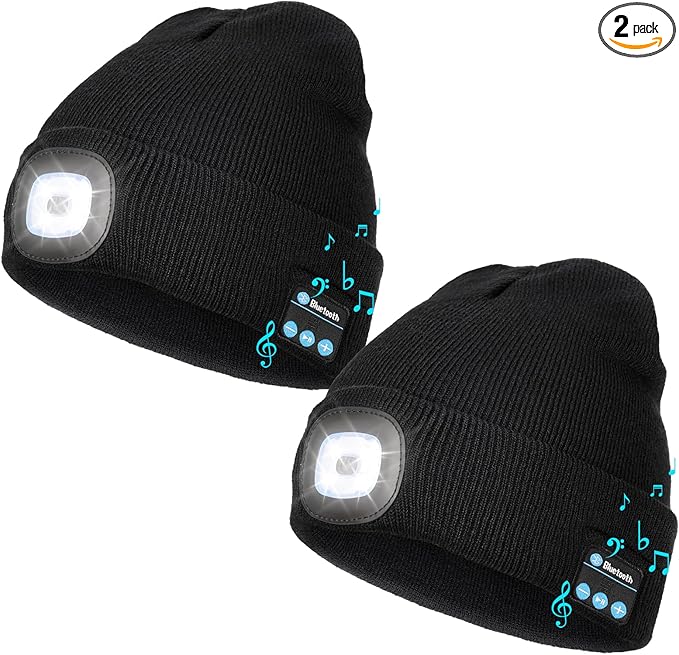 Wmcaps Stocking Cap Stuffers Bluetooth Beanie with A Light, 2-Pack Flashlight Headlamp Winter Hat Gifts for Men Women Dad Him