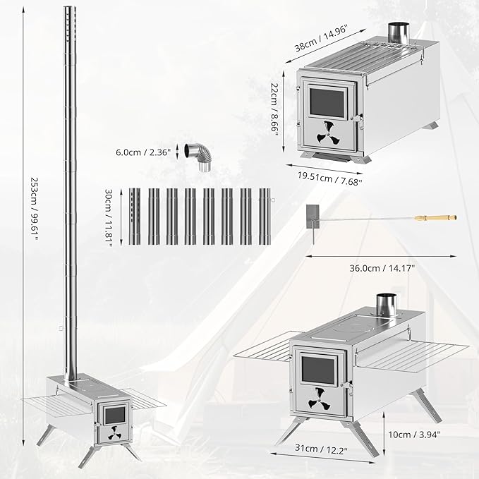 Upgraded Wood Stove, Hot Tent Stove Camping Portable Stainless Steel Wood Burning Stove with 7 Chimney Pipes for Wall Tent Camping, Hunting, Heating, Cooking, Ice Fishing, Boiling Water - Medium