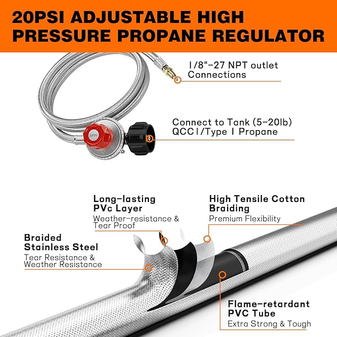 Veralune High-Pressure Cast-Iron Propane Burner Head Round Burner Head with 20 PSIG Adjustable Regulator, Hose & Brass Fittings for Turkey Fryer Burners, Outdoor Cooking, Camping