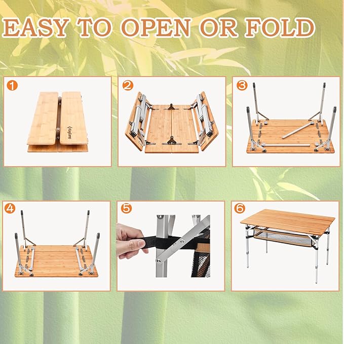 KingCamp Bamboo Folding Table Camping Table with Large Storage Bag Adjustable Height Aluminum Legs Heavy Duty 176 lbs 4-Fold Portable Camp Tables for Travel, Picnic, RV, 4-5 People