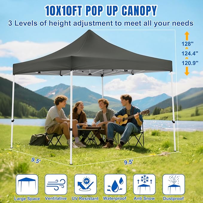 Yesker 10x10 Pop Up Canopy Tent with 4 Sidewalls Portable Folding Outdoor Canopy Easy Setup Gazebo Waterproof Instant Popup Shelter Tent w Wheeled Carry Bag sandbags for Events Parties Camping, Gray