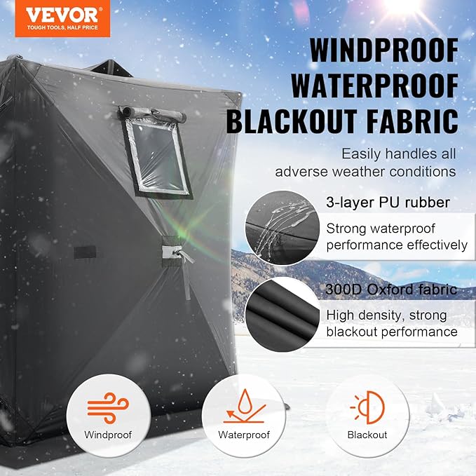 VEVOR Portable Pop-Up Tent, 1-8 Person Insulated Shelter, Large Fishing Area, Hub-Style Shanty for Winter Fishing, Waterproof Oxford Ice Cube with Anchors/Ropes/Carrying Bag