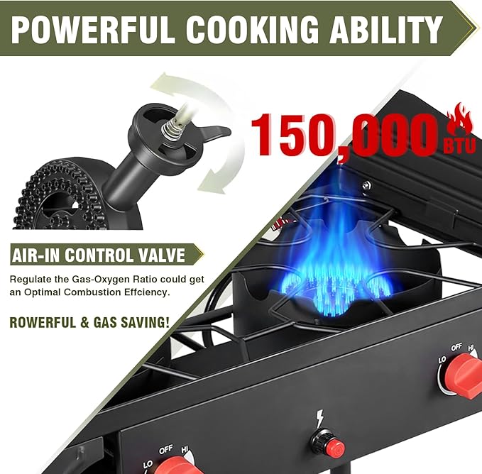 Bestfire 150,000 BTU 2 Burner Propane Camping Stove with Auto Ignition, Windpanel & Free Work Gloves, Portable Outdoor Gas Cooker with Removable Legs, Side Shelves & Carry Bag for Camping, BBQ