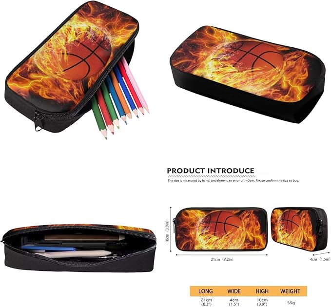 Basketball Backpack with Lunchbox Fire Bookbag Cute Lightweight Kids Bookbag with Lunch Box Boys 4pcs School Bag for Boys 8-12 Travel Outdoor Daypack Hiking Back to School Gifts