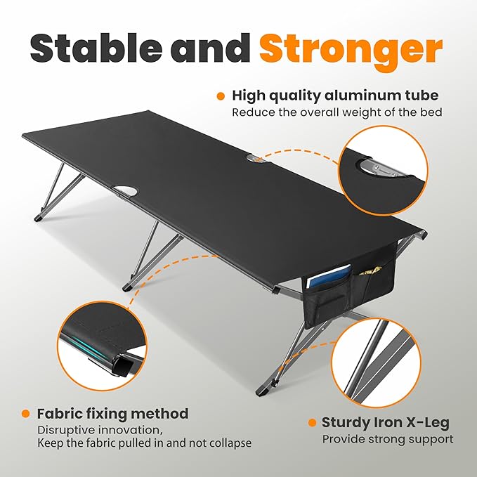 Oversized Camping Cot Foldable for Adults - Upgraded Version Easy-to-Assemble Sleeping Cots for Outdoor, Supports Campers up to 6.9ft or 450lbs, with Storage Bag, 82” L x 32” W (Black)