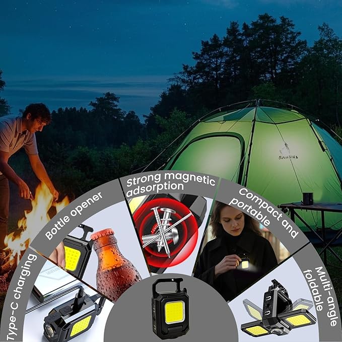 MAKDAK 4PC Cob Keychain Work Light EDC Rechargeable Foldable Keychain Flashlight,Bottle Opener,for Camping,Car Repair,Hiking,Repairing,Power Outrage,Pet Walking,Emergency