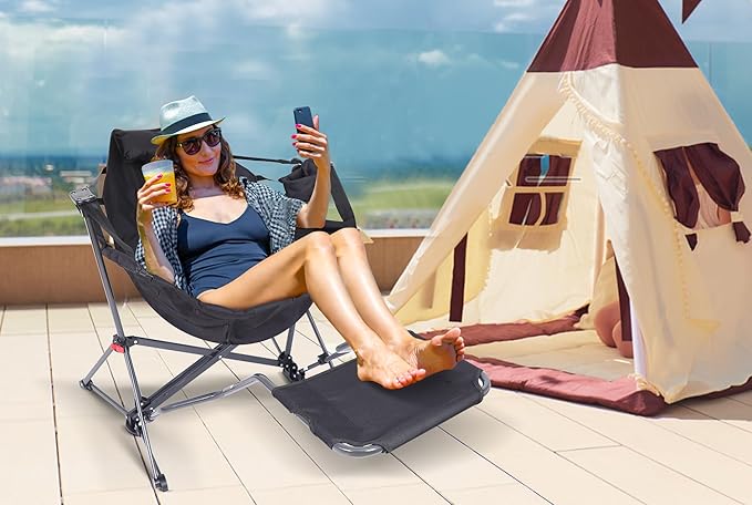 Nice C Hammock Camping Chair with Footreat, Swinging Camping Chair Rocker, High Back Chairs with Stand, Cup Holder, Side Pocket, Heavy Duty (1 Pack, Black)
