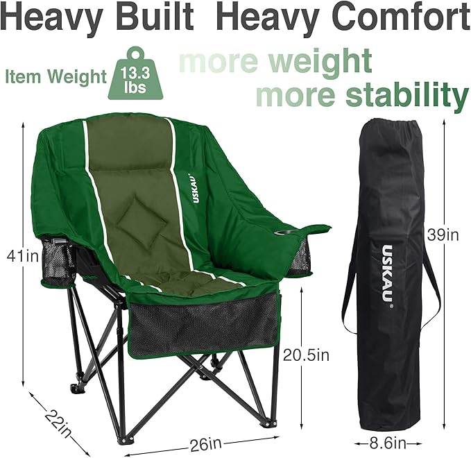 Oversized Camping Chair for Adults - Heavy Duty 400 lbs Padded Folding Chair with Wine Glass Holder, 2 Cup Holders & Side Pockets, Portable Carry Bag for RV, Tailgating, Lawn