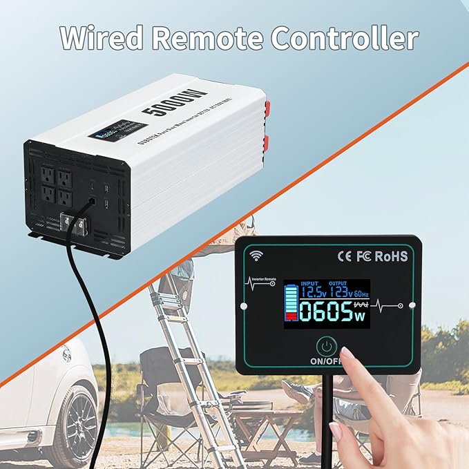 5000 Watts Power Inverter Peak 10KW, Pure Sine Wave 12V DC to 120V AC Off Grid Solar Inverter with Wireless Remote Control LCD Display 4 AC Outlets Hardwire Terminal for Home RV Camping
