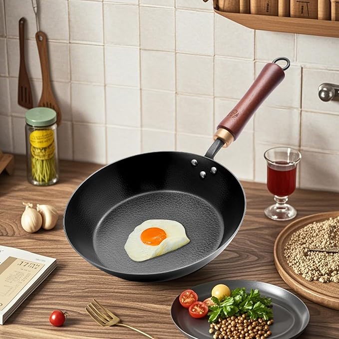 WANGYUANJI 10Inch Carbon Steel Skillet,Hand-Hammered Frying Pan with Removable Handle No Chemical Coating,Flat Bottom Pow Wok Pan for Electric,Induction,and Gas Stoves (Seasoning Required)