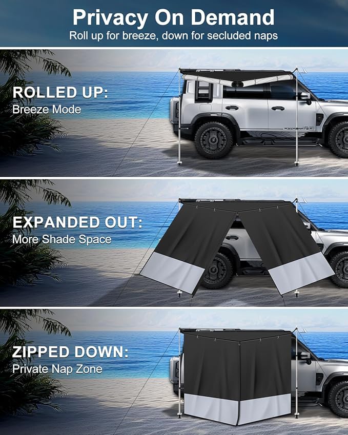 Portable Car Awning for SUV/Truck RV, Shade Waterproof Roof Rack Awning with Side Wall, Heavy Duty Magnets, Suction Cups & Reinforced Poles for Overland, Camping, Beach, Tailgating (Black)