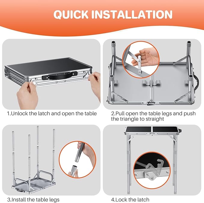 FUNYKICH 2ft Small Folding Camping Table, 3 Height Adjustable Portable Picnic Table, Lightweight Aluminum Outdoor Tables with Carry Handle for Camping, Picnic, BBQ, 58x40cm(L22.8 xW15.7), Silver