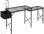 RedSwing Folding Grill Table with Sink and Double Shelf, Multifunctional Portable Stand Table for Outdoor Camping, Picnics, and Barbecues, 69"x20"x31.5", Black