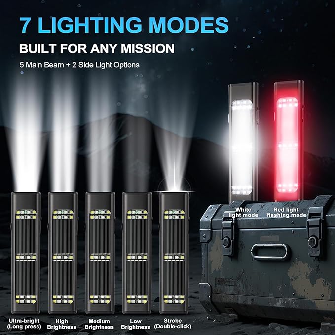 Solar/Rechargeable Flat Flashlights, 900 Lumens EDC Tactical Flashlight, Multi Function LED Small Flashlight, 7 Modes IP65 Waterproof for Home, Camping,and Emergency Use (Black)