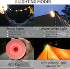 Solar Camping String Lights, 39Ft 120LED Stowable String Lights with 8 Lighting Modes, USB Rechargeable, IP64 Waterproof Solar String Lights for Outdoor, Indoor, Home, RV, Garden, Patio, Warm White