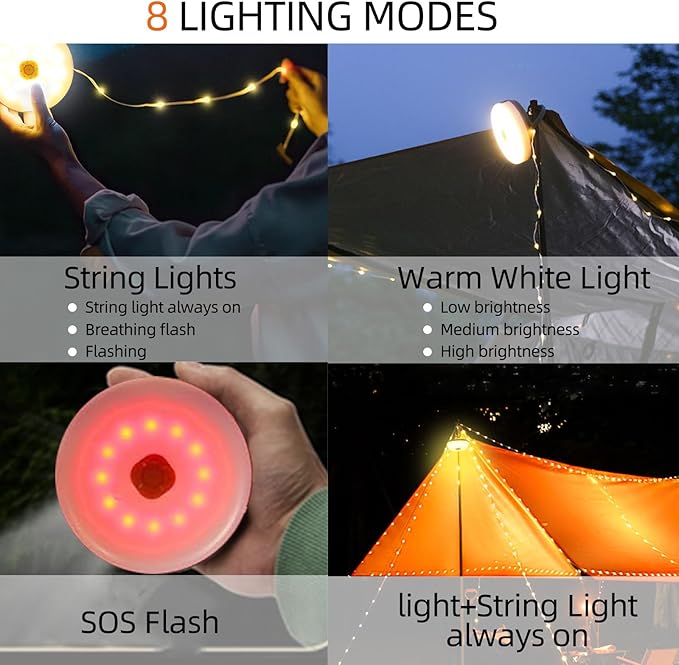 Solar Camping String Lights, 39Ft 120LED Stowable String Lights with 8 Lighting Modes, USB Rechargeable, IP64 Waterproof Solar String Lights for Outdoor, Indoor, Home, RV, Garden, Patio, Warm White