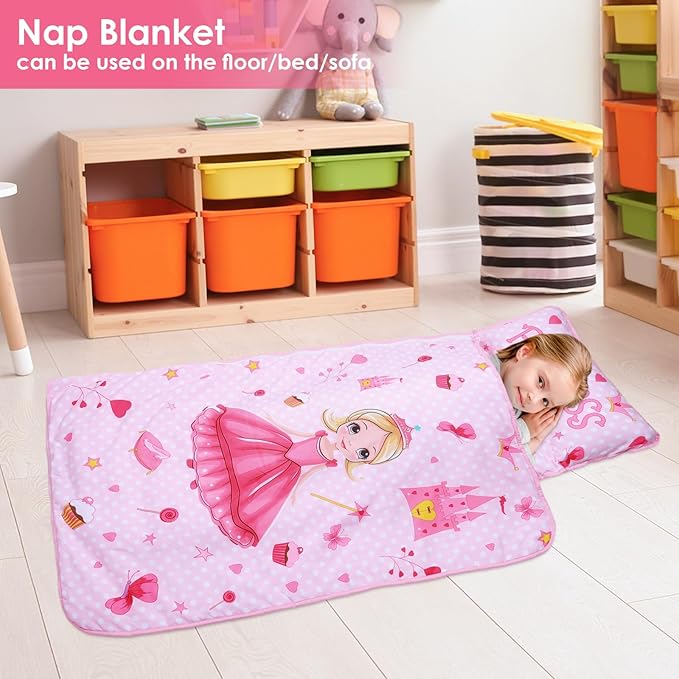 Kids Nap Mat Portable Slumber Bags with Removable Pillow and Blanket for Girls Boys, Lightweight Extra Large Sleeping Bag for Preschool Camping Daycare