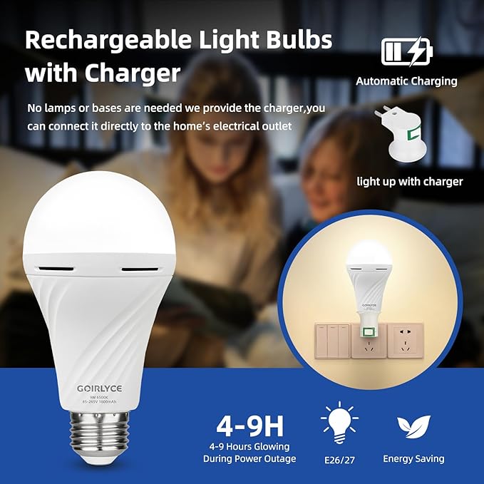 Rechargeable Emergency Light Bulbs, 4 Pack Battery Powered LED Light Bulb with 9W Daylight E27 6500K 1800mAh, Equivalent Self-Charging LED Light Bulbs for Home Power Outage Camping Hurricane Hiking