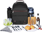 Sunflora Insulated Picnic Backpack for 2 Person Bag with Cooler Compartment, Wine Pouch, Blanket and Stainless Steel Cutlery Set for Couple, Lovers and Friends (Black)