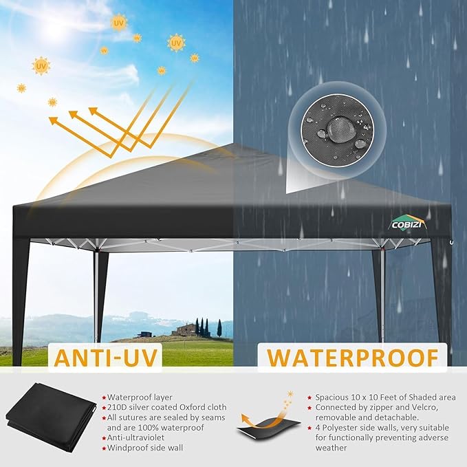 COBIZI 10x10 Pop Up Canopy Tent with 4 Sidewalls Party Tents Waterproof UPF 50+ Commercial Instant Outdoor Events Tent for Parties Markets Backyard, Ropes（10 x 10 ft Black