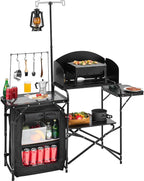 VEVOR Camping Kitchen Table, Outdoor Camp Cooking Table, Aluminum Portable Cook Station with Storage Cupboard, Carrying Bag, Detachable Windscreen, Quick Set-up for BBQ Party Picnic RV Travel, Black