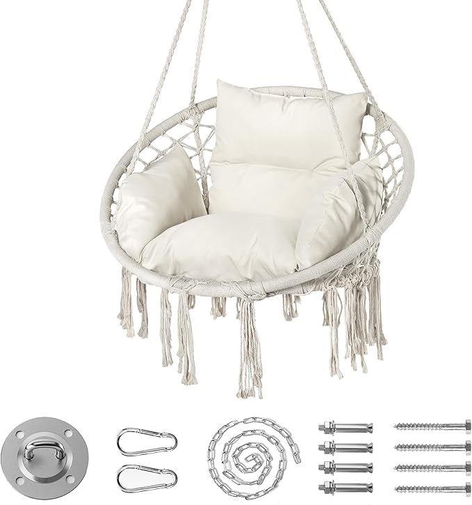 Hammock Hanging Rope Swing Chair with Cushion - Max 330 Lbs, Sturdy Hammock Swinging Chair for Bedroom, Porch, Balcony -White (Cream)