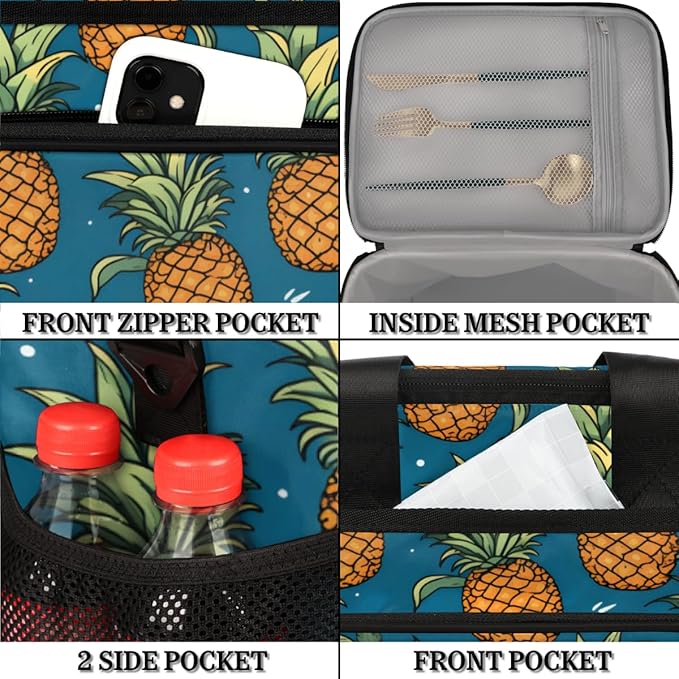 Leakproof Reusable Insulated Cooler Lunch Bag Summer Pineapple Pattern Picnic Lunch Box for Women Men Cooler Tote Office Work Camping Beach 24 Can 15L