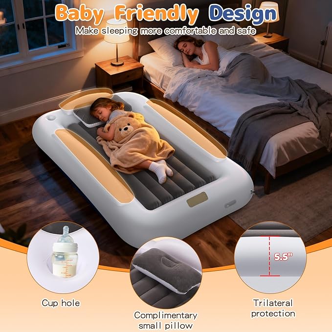 Inflatable Toddler Travel Bed - Toddler Blow Up Bed with Built in Pump - Kids Air Mattress Set with Safety Sides - Portable Ideal for Vacation Camping and Sleepover (60 Inches)