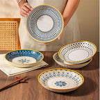Camping Plates Ceramic Dinner Plate Home Kitchen Round Ceramic Tableware Retro Pattern Dessert Salad Plate Dinner Plate Decorative Plate(A)