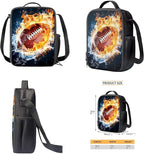 Football Backpack with Lunch Box Fire Bookbag Practical Portable Boys Bookbag Age 6-8 with Lunch Box 4 in 1 School Bag for Boys 7-8 Travel Daypack Outdoor Camping Graduation Gifts