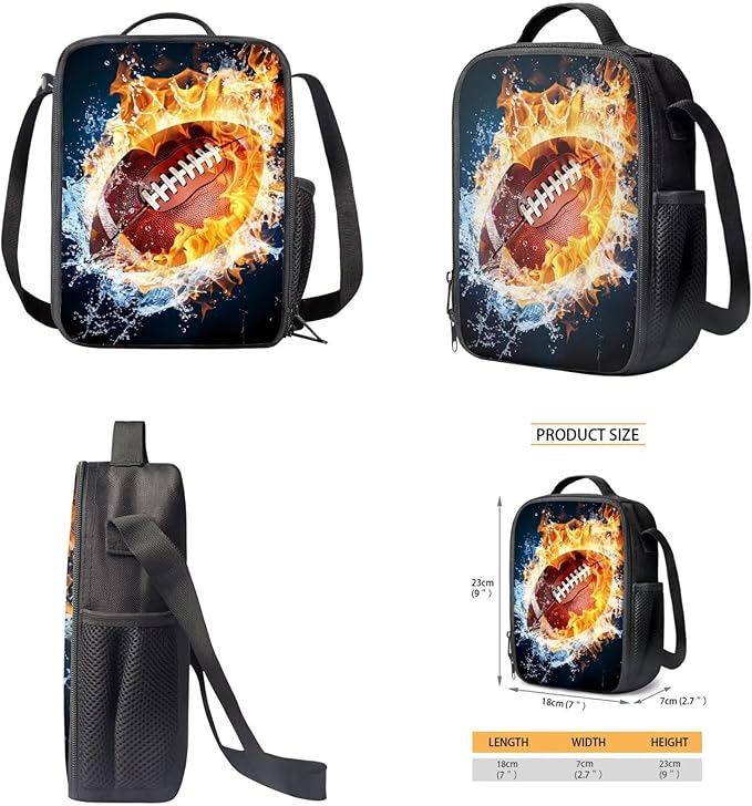Football Backpack with Lunch Box Fire Bookbag Practical Portable Boys Bookbag Age 6-8 with Lunch Box 4 in 1 School Bag for Boys 7-8 Travel Daypack Outdoor Camping Graduation Gifts