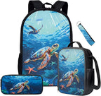 Turtle Backpack for Kids Boys Backpack 3-Piece Set Backpacks with Lunch Box Kids Bookbag for Travel Kindergarten Elementary Middle Mochilas Escolares Para Niños with Wrist Strap Keychain