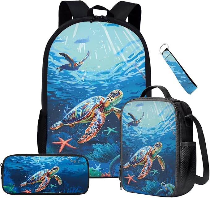 Turtle Backpack for Kids Boys Backpack 3-Piece Set Backpacks with Lunch Box Kids Bookbag for Travel Kindergarten Elementary Middle Mochilas Escolares Para Niños with Wrist Strap Keychain