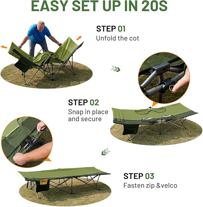 TIMBER RIDGE Extra Wide Heavy Duty Camping Cot for Adult, Easy Set Up Oversized Sleeping Cot with Carry Bag for Camping, Travel and Outdoors, Support up to 450lbs, Green, 2 Pack