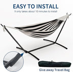 Double Hammock with Stand - Heavy Duty 450lbs Capacity, Portable Cotton Hammock for Two Adults, Indoor & Outdoor Use with Travel Bag, Black&White Stripe Pattern