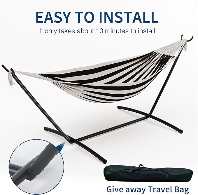 Double Hammock with Stand - Heavy Duty 450lbs Capacity, Portable Cotton Hammock for Two Adults, Indoor & Outdoor Use with Travel Bag, Black&White Stripe Pattern
