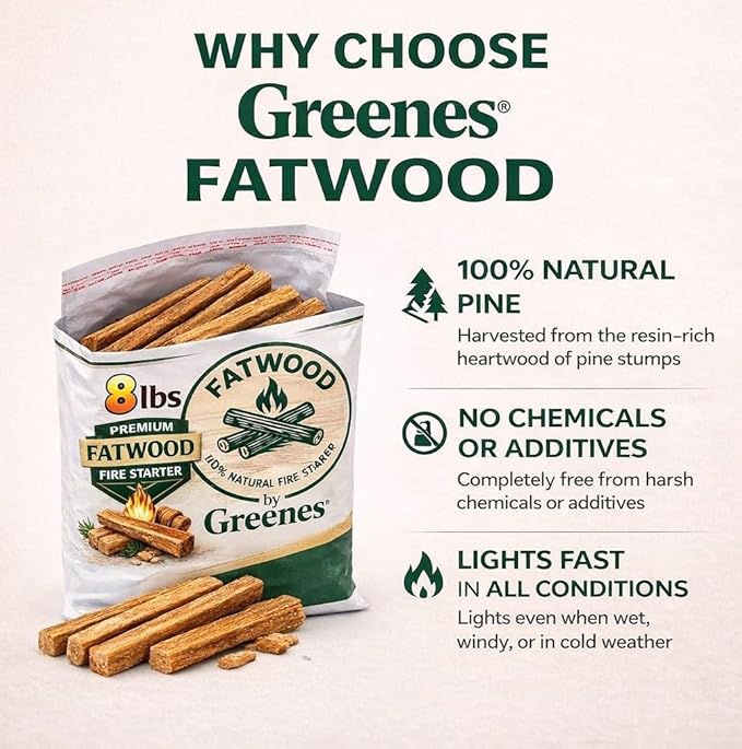 Greenes Fence Fatwood Fire Starter – 8 LB Bag – 100% Natural Pine Resin Kindling – Chemical-Free All-Weather Fire Starting Sticks for Fireplaces, Campfires, Wood Stoves & Grills